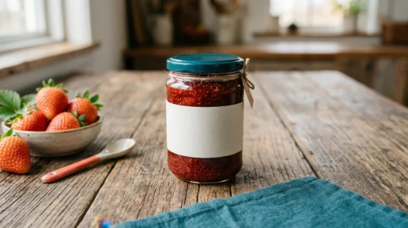 a graphic commercial composition featuring the blank-label strawberry jam jar at the center, with generous negative space around it for text overlay. the vivid coral and