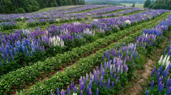 an overhead view of the vibrant lupine field with interspersed strawberries, capturing a clearly different angle that emphasizes the layers of color and texture. the