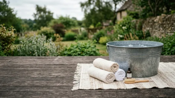 a clean, minimalist layout featuring a galvanized cold plunge tub and neatly rolled fluffy towels on a textured picnic blanket with generous copy space. the scene is shot