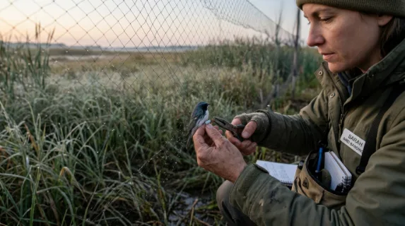 A migratory bird banding station at dawn, an ornithologist in the field gently opening a mist net to retrieve a small warbler, the bird held expertly in a ringer's grip