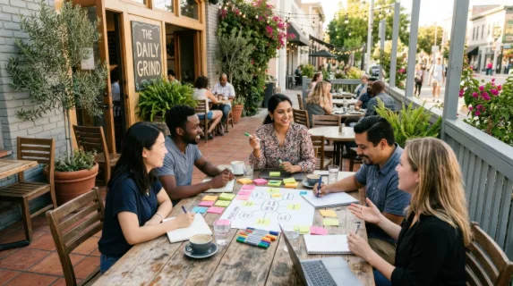 a wide shot of a sunny cafe patio, where a 30-year-old south asian female team leader is seated at a rustic wooden table, leading a brainstorming session with her team