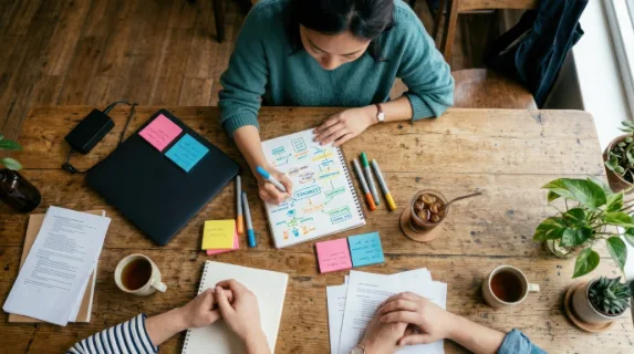 an overhead perspective captures a warm and inviting cafe scene, featuring a 30-year-old east asian female project leader engaged in a thoughtful conversation over a