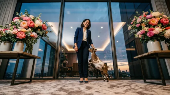 from a low angle, the 38-year-old latino female executive stands before the large glass windows, the goat playfully by her side, with vibrant floral arrangements creating