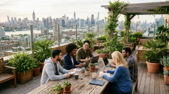 a wide shot captures a 30-year-old asian male tech worker collaborating with a diverse team on a rooftop, showcasing a stunning city skyline in the background. the