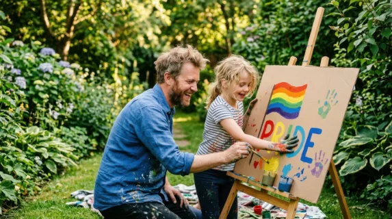 a 39-year-old white male artist and his child joyfully hand-painting a vibrant pride sign on a piece of cardboard, surrounded by lush greenery. the warm afternoon