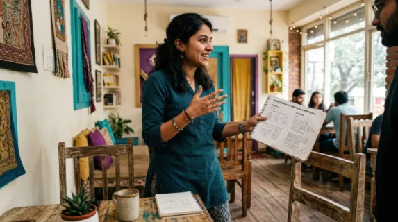 from a low angle, the 28-year-old indian female designer is seen from the side as she animatedly presents her design mockups to an unseen collaborator. the soft ivory