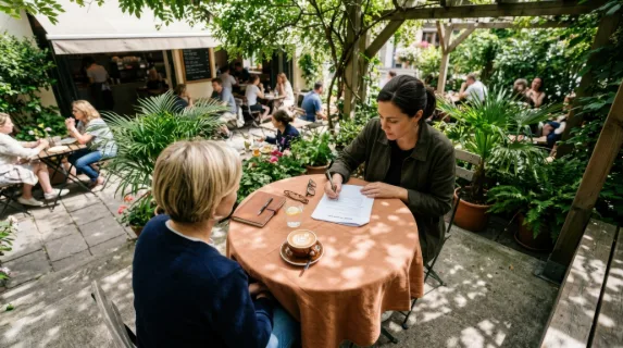 an overhead angle showing the director at the cafe table with the flat white prominently showcased alongside the muted orange tablecloth, giving context to the vibrant