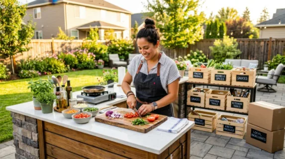in a bright, sunlit suburban backyard, a 30-year-old hispanic female chef actively prepares food on a modern kitchen island, showcasing her culinary skills amidst neatly