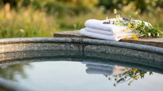 a close-up detail shot of the galvanized cold plunge tub, highlighting the clarity of the water reflecting the soft white towels and delicate meadow flowers. the texture