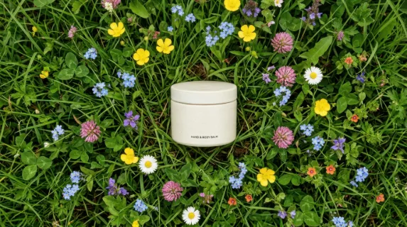 an overhead flat lay of a matte cream tub surrounded by vibrant green grass and colorful wildflowers. shot from a high angle with a phase one xf camera paired with a 35mm