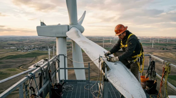 a full environment shot capturing a 35-year-old hispanic male wind turbine technician inspecting a turbine blade, positioned on a wind turbine platform. the setting