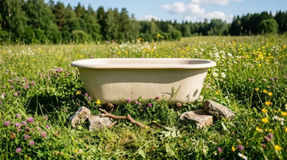 a matte cream tub sits prominently in the center of a vibrant patch of lush green grass, speckled with wildflowers in shades of sunny yellow and purple. this inviting