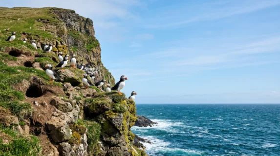 a bold, clean composition of puffin nesting sites amongst the rugged cliffs, intentionally captured with generous negative space for text overlay, emphasizing the natural