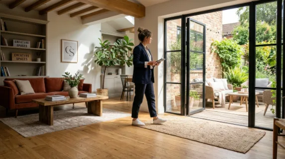 the designer stands from a low angle view in the living room, emphasizing the spaciousness and inviting atmosphere of the cozy rental patio, with branding elements subtly