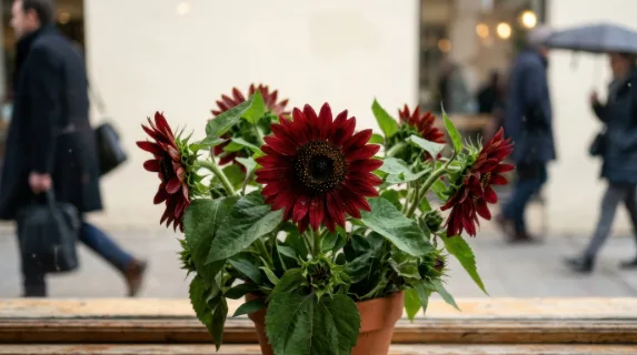 a close-up of a vibrant arrangement of sunflowers, showcasing their deep red petals and lush green leaves, set against a soft cream backdrop. the image is infused with