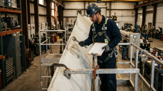 in a contemporary legal tech environment, a 35-year-old hispanic male wind turbine technician is closely inspecting a turbine blade while dressed in his safety harness