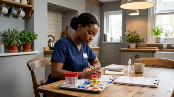 in a cozy kitchen, a 30-year-old black female phlebotomist is setting up vacutainers and organizing consent forms on a wooden kitchen table, her focused expression