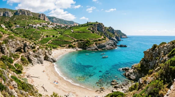 a breathtaking coastal scene featuring a picturesque cove with crystal-clear turquoise waters gently lapping against sandy beige shores, all framed by rugged gray cliffs