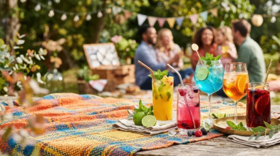a graphic commercial shot featuring the vibrant colorful drinks with metallic accents artfully placed against the textured picnic backdrop, ensuring generous copy space