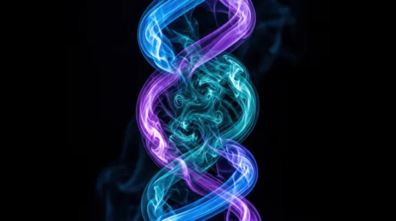 Dense coils of electric blue and violet smoke intertwining in a double helix formation against a pure black void, the twin columns rotating around each other with perfect