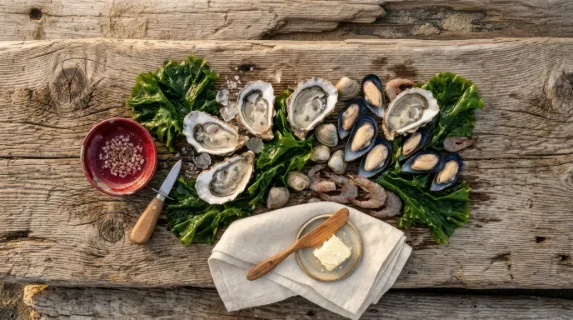 overhead view of a rustic arrangement featuring foraged sea lettuce and fresh seafood on driftwood, surrounded by subtle hints of deep cherry and creamy butter hues