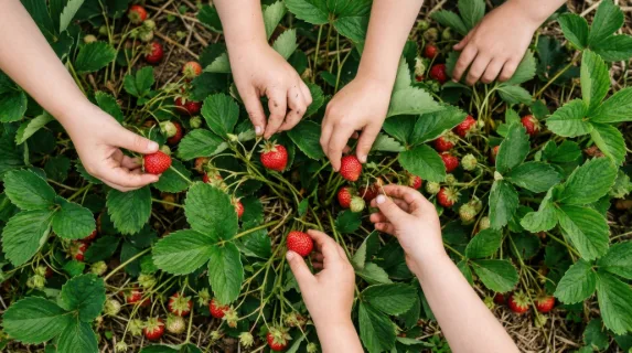 an overhead shot showcases a spontaneous moment of children reaching their hands into the frame to pick strawberries, with their fingers delicately grasping the berries