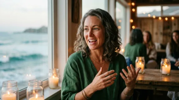 close-up of the wellness advocate as she speaks, her warm expression filled with enthusiasm, with soft candlelight flickering around her, enhancing the intimate