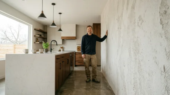 distinctly captured from a low angle perspective, the contractor confidently poses beside the blank stucco wall. the kitchen island and its pristine surfaces showcase the