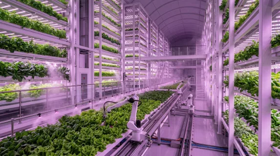 Futuristic vertical farm interior bathed in purple and pink LED grow-light glow, towering hydroponic towers stacked floor to ceiling with lush green leafy vegetables,
