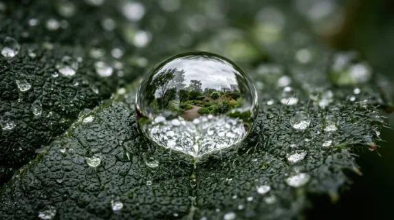 Extreme macro of a single raindrop resting on a dark green leaf surface, the droplet acting as a perfect convex lens showing a razor-sharp inverted miniature world within
