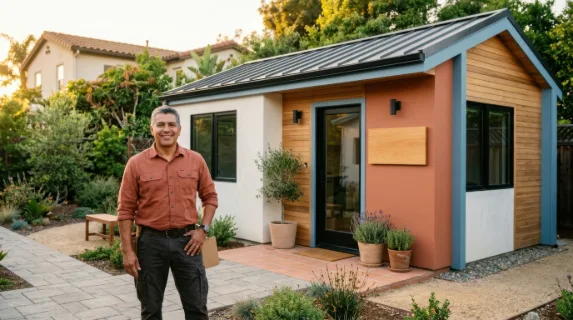 a 52-year-old hispanic male construction manager stands proudly in front of a sleek, modern accessory dwelling unit (adu), with clean lines and an inviting atmosphere