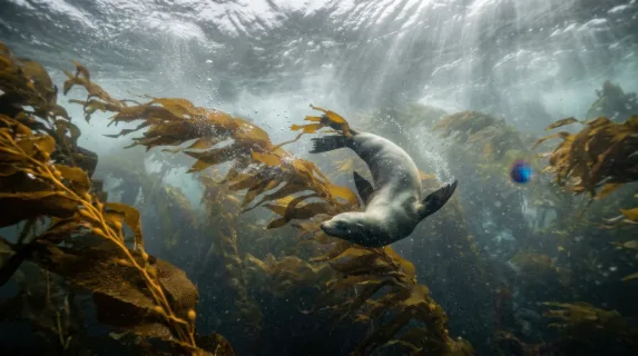 A massive kelp forest during a storm surge, the fronds whipping horizontally in powerful current, air bubbles streaming from torn leaf edges, visibility reduced by