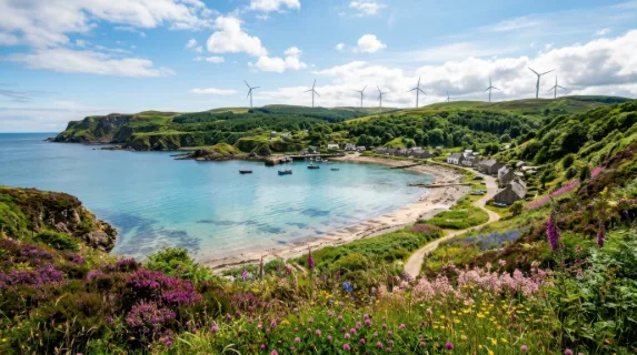 a wide view of a serene cove with crystal-clear waters reflecting bright sunlight, surrounded by lush greenery and a vibrant landscape of wildflowers in deep purple and