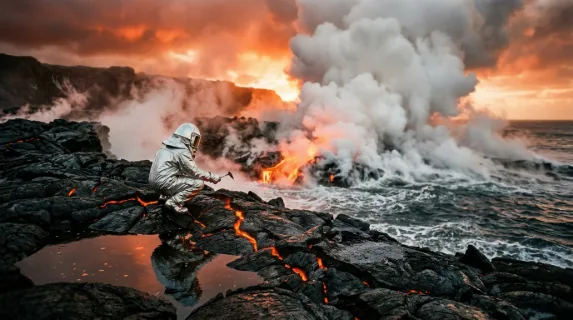 A volcanologist in heat-protective silver suit crouching at the edge of an active lava delta where molten rock meets ocean, steam explosions erupting violently where the