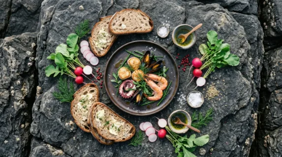 an overhead flat lay of the minimalist seafood dish on textured rocks, artistically composed with the artisan bread slices and radishes creating a delightful pattern