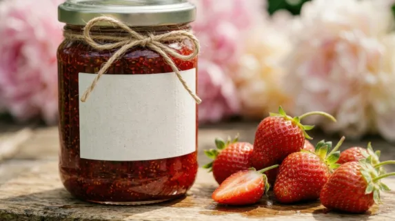 an intimate detail shot of the blank-label strawberry jam jar, showcasing its smooth surface and the vibrant red strawberries beside it, with soft peonies in the