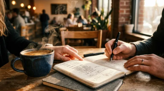 a close-up of a steaming cup of coffee sitting next to an open notebook, both subtly highlighted by soft golden hour light. the scene captures the rich coffee brown and