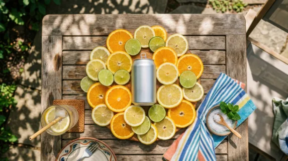 a distinct overhead angle of a summer-themed outdoor table scene, featuring a blank beverage can in the center surrounded by a lively array of citrus slices. the