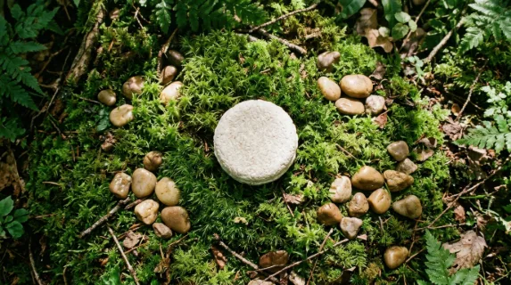 an overhead angle view of the shampoo bar surrounded by wet moss and beige pebbles in a lush forest setting. the sun filters through the trees, creating a dappled pattern