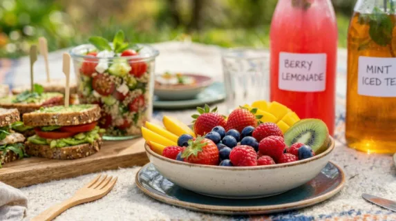 a close-up detail shot focusing on the vibrant array of food spread across the picnic blanket, showcasing the colorful fresh fruit, sandwiches, and refreshing beverages