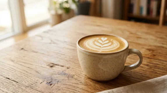 a bold and clean composition featuring the mug of coffee with layered flat white foam art, placed prominently against a natural wood table. generous negative space