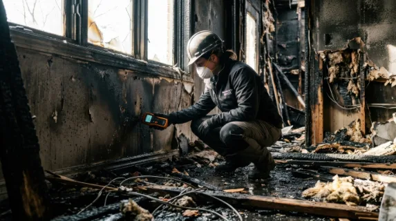 from a low angle, the restoration assessor is seen engaged with the moisture meter in a partially damaged room, with charred walls and debris framing the scene. the