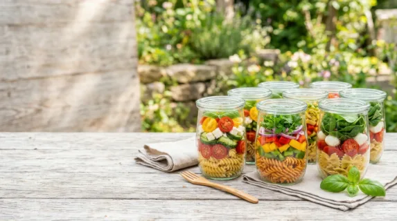 a graphic commercial image features a selection of glass jars filled with vibrant pasta salad ingredients, prominently showcasing cherry tomatoes, bell peppers, and fresh