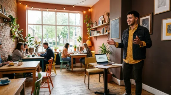 a confident early-20s hispanic male freelancer stands animatedly in the lower right quadrant of a trendy cafe, presenting a business pitch. the space is filled with