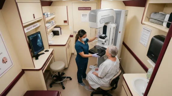 an overhead angle captures the scene of the mobile medical van, focusing on the mammography technologist in action with the mammography machine visible in the background