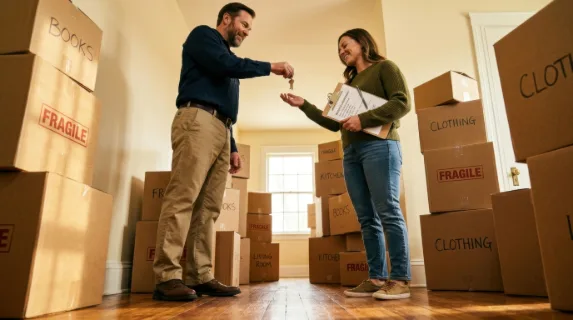 a dynamic low angle shot capturing the mover engaged in handing over the keys, the clipboard prominently displaying rental information, with stacks of boxes in the