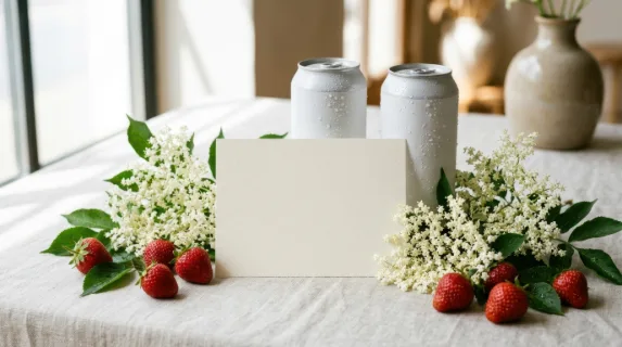 a wide shot of a bright and airy commercial beauty mockup, prominently featuring a blank menu card in the center of the frame, surrounded by fresh elderflower and vibrant