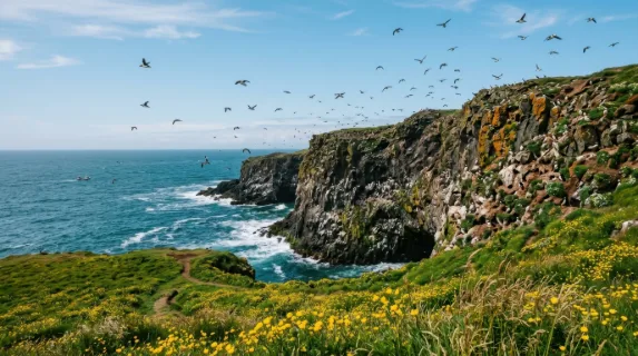 a wide view capturing puffins gracefully soaring above rugged coastal cliffs, showcasing the vibrant textures of the rocky formations adorned with colorful nesting sites