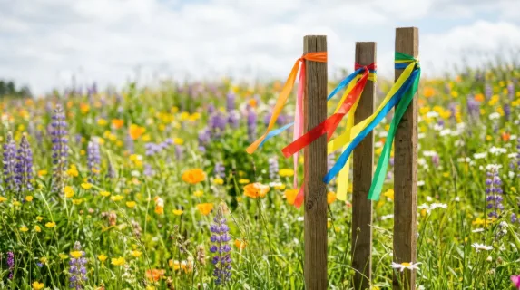 a bold, graphic composition of the wooden stakes and colorful flagging tape against a rich tapestry of wildflowers in the meadow, emphasizing ample negative space around