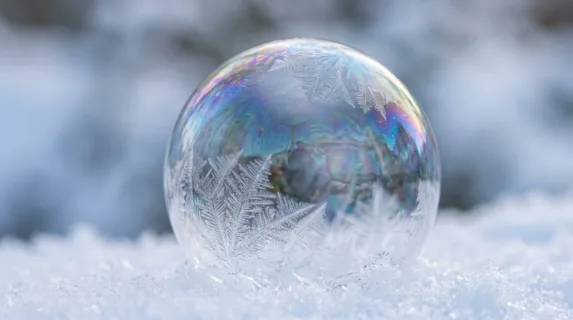 A frozen soap bubble resting on a snow surface in the process of crystallizing, ice crystal dendrites growing inward from the outer membrane in real time, the interior